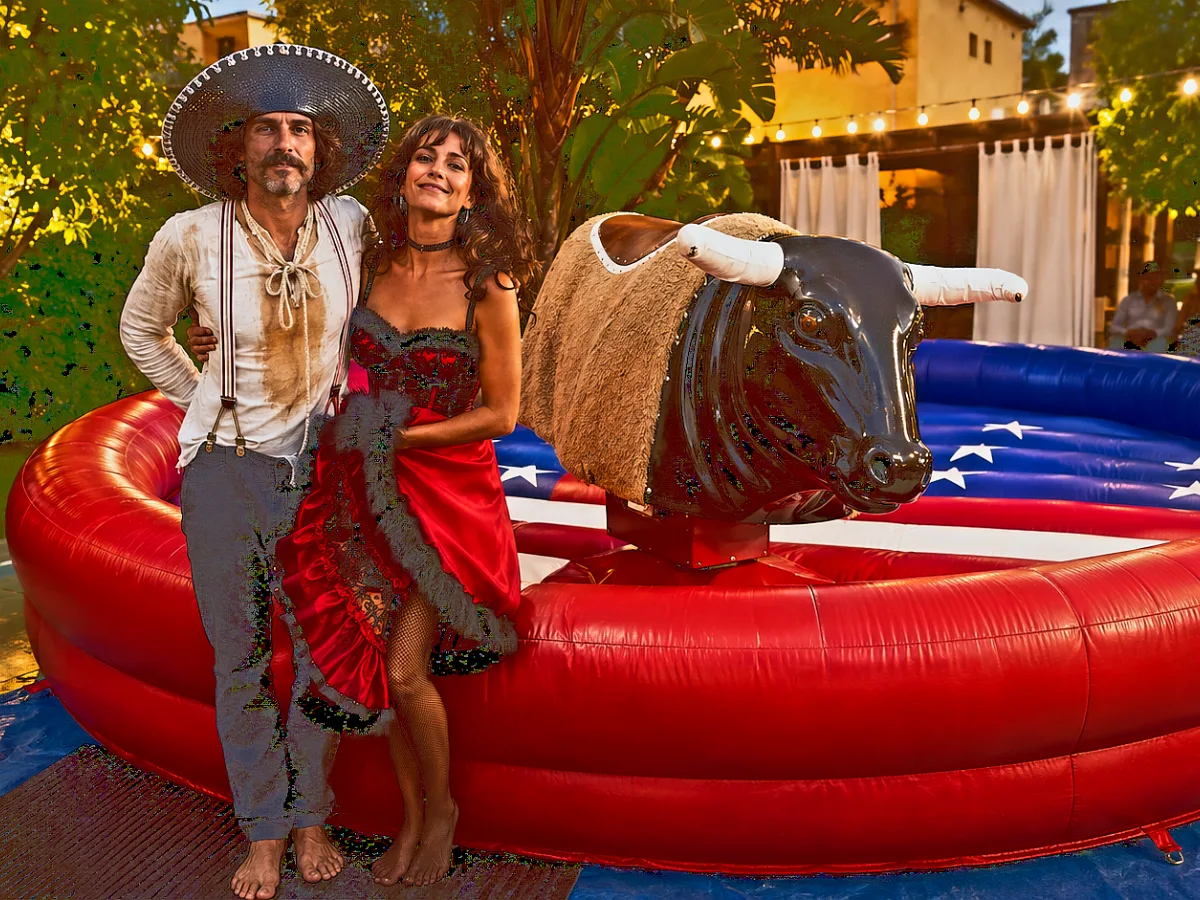 Pareja posando junto al toro mecánico en una fiesta temática