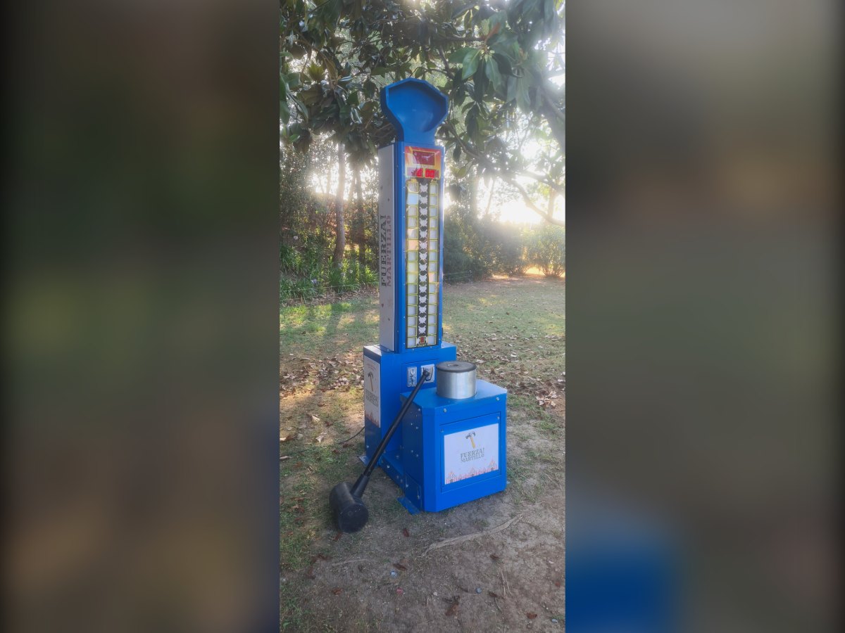 Martillo de feria azul con la torre de puntuación montado en un jardín